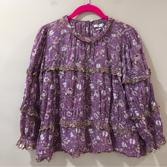 isabel marant etoile floral cotton purple ruffle blouse top size 34 US Xs - Picture 1 of 9